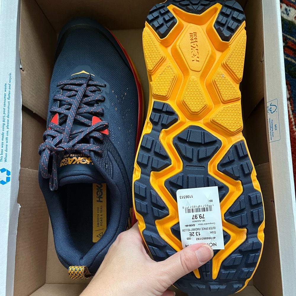 Hoka 13  Wide NWT men’s running sneakers in outer space/ radiant yellow/ navy.